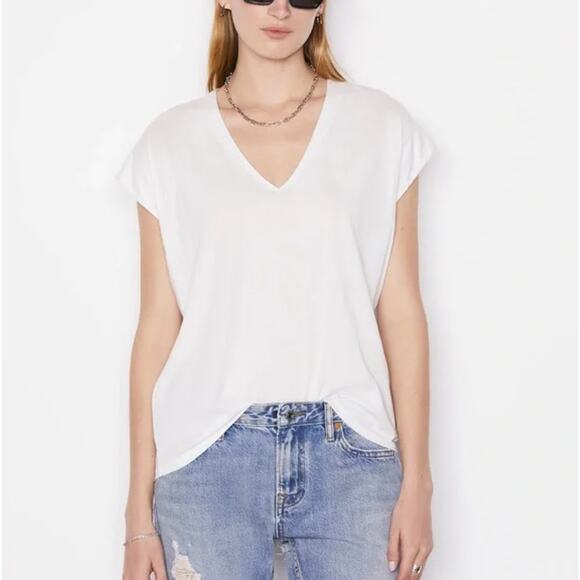 FRAME Le Mid Rise V-Neck White Tee | Pima Cotton Minimalist Basic | Size XS - Picture 1 of 6